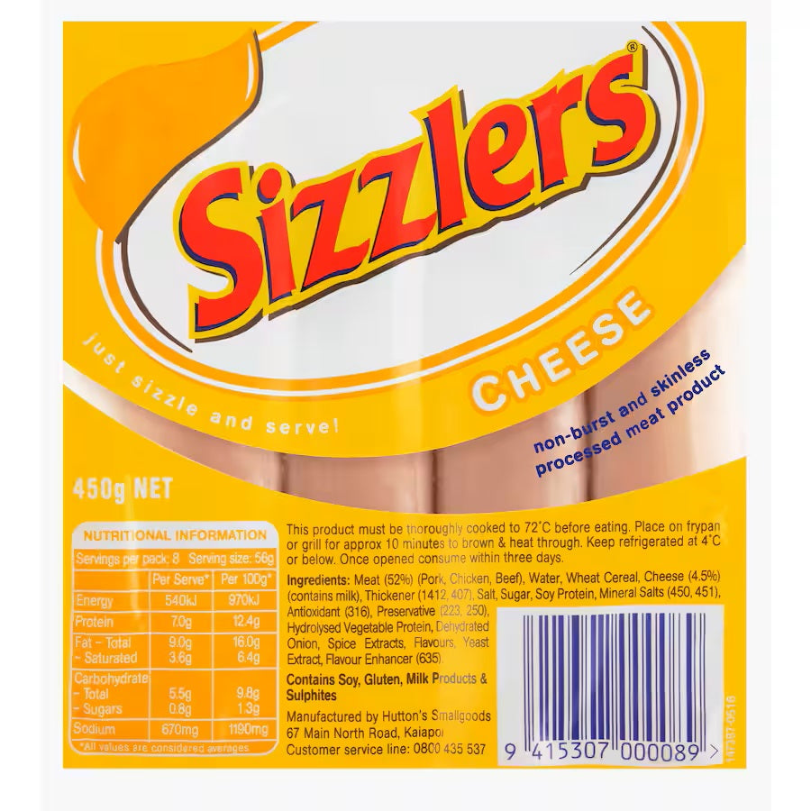 Huttons Cheese Sizzlers (450g)- sausages, smallgoods