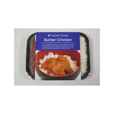 Packaged butter chicken meal from rocket foods on a white background