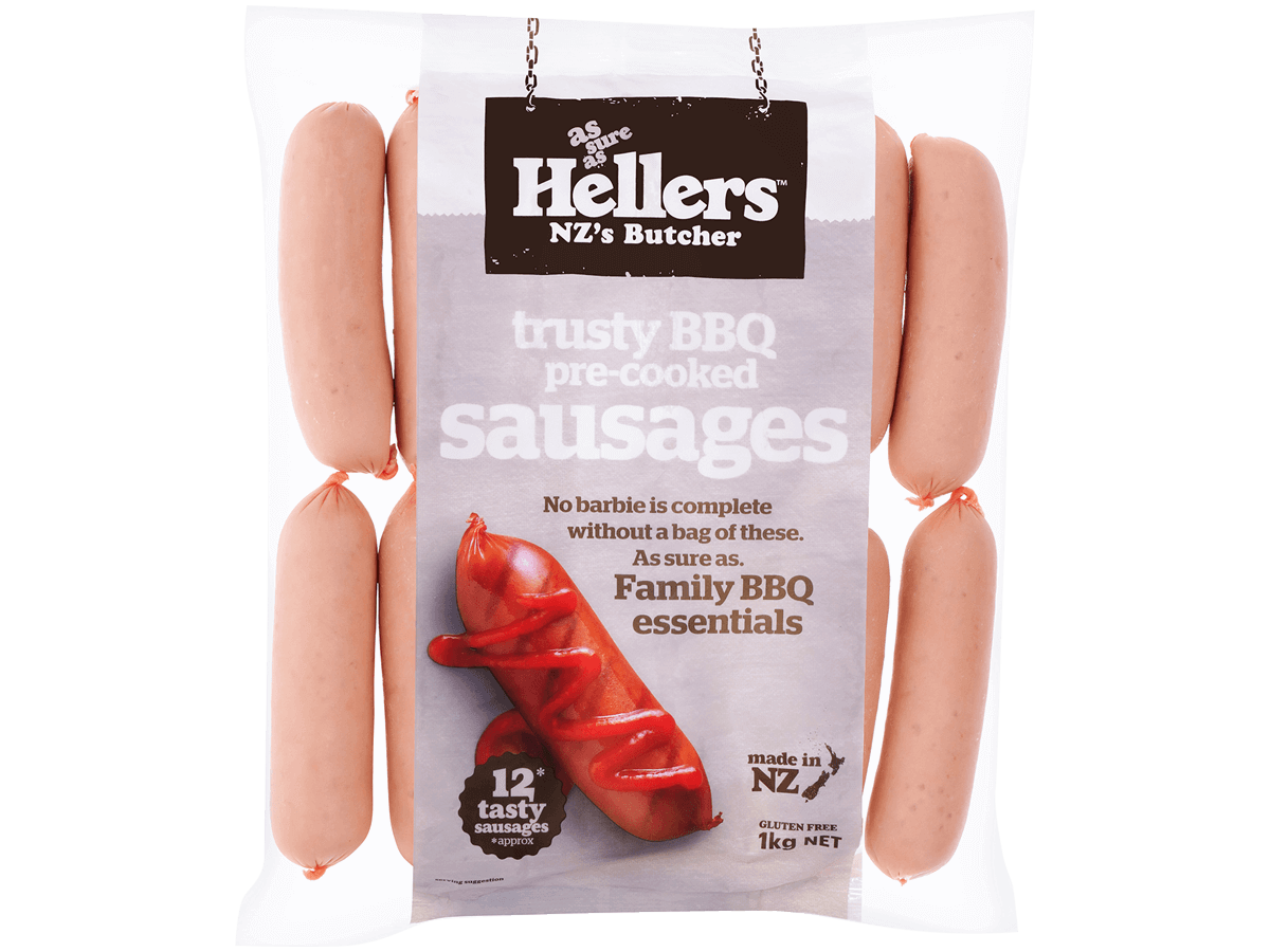 Packaged sausages with Hellers NZ's Butcher branding on a white background