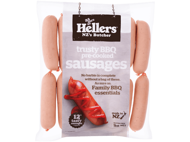Packaged sausages with Hellers NZ's Butcher branding on a white background