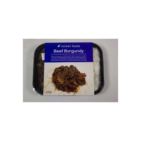 Packaged beef burgundy from Rocket Foods on a white background