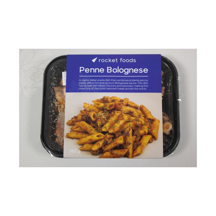 Packaged Penne Bolognese from rocket foods on a white background