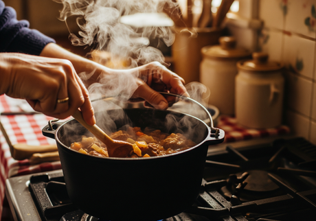 A close-up shot of hands (perhaps slightly aged, to suggest tradition) stirring the stew in a heavy, well-loved pot on a stovetop. The steam should be visible, and the background could be slightly blurred, hinting at a cozy, rustic kitchen.