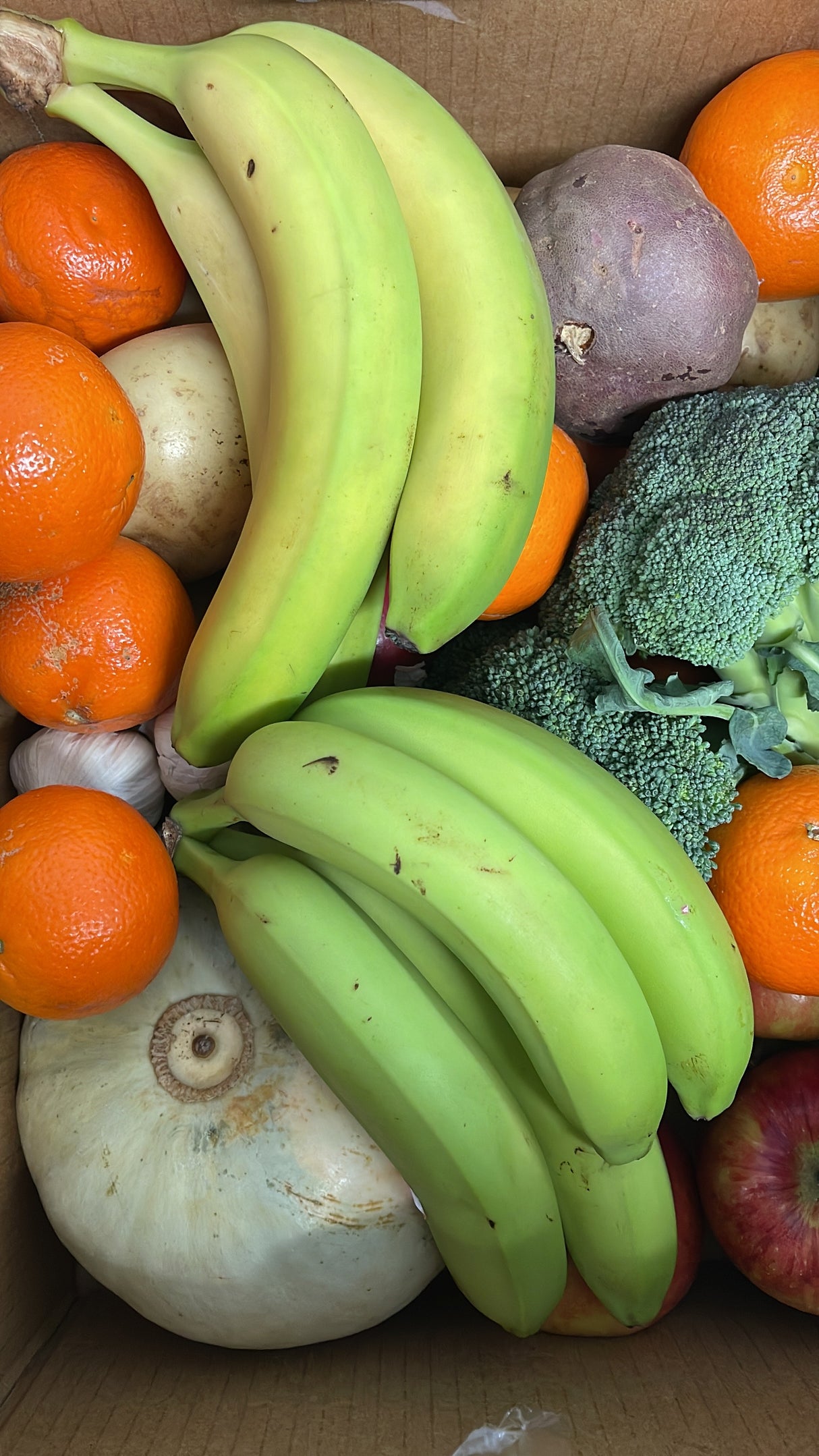 Assorted fruits and vegetables including bananas, oranges, and a broccoli in a cardboard box.