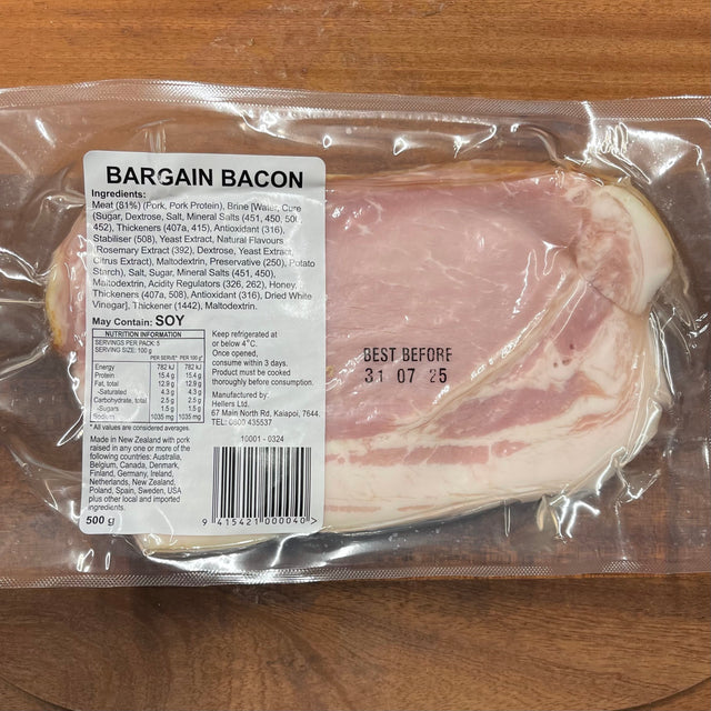 Packaged bacon with a label on a wooden surface