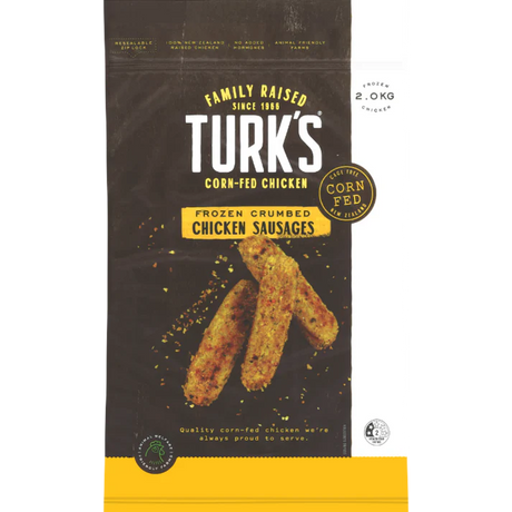 Turk's corn-fed chicken frozen crumbed chicken sausages packaging on a white background