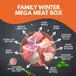 Promotional image of a 'Family Winter Mega Meat Box' with various meats and labels on an orange and black background.