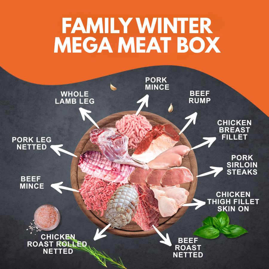 Promotional image of a 'Family Winter Mega Meat Box' with various meats and labels on an orange and black background.