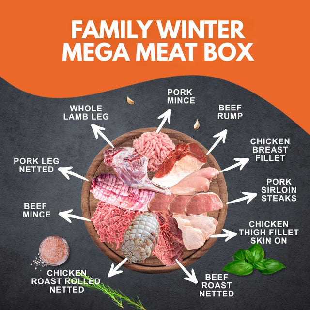 Promotional image of a 'Family Winter Mega Meat Box' with various meats and labels on an orange and black background.